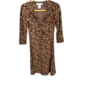 Evan-Picone Women's Sz 4 Brown Geometric Print V-Neck  Dress Twisted Bust Detail